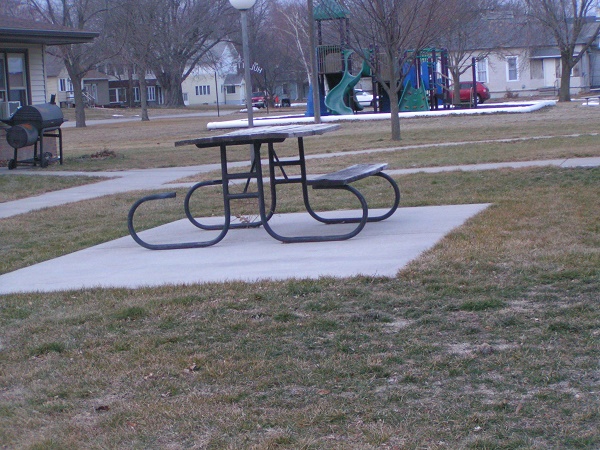 Outdoor Picnic Table with a Playground in the background